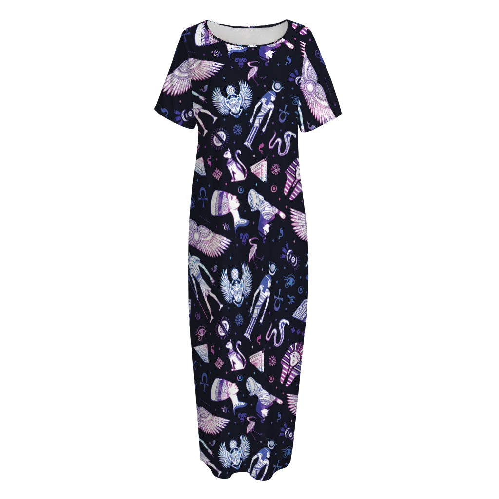 Egyptian Tribal Symbols Print Short Sleeve Long Nightdress