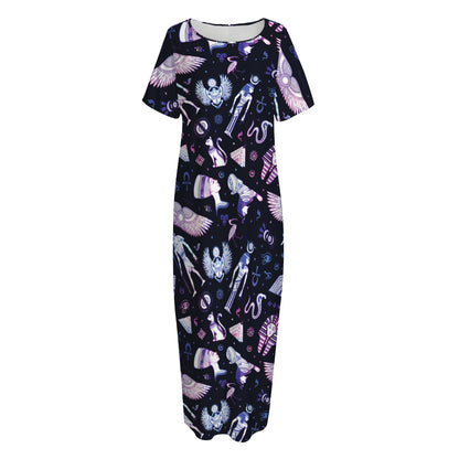 Egyptian Tribal Symbols Print Short Sleeve Long Nightdress