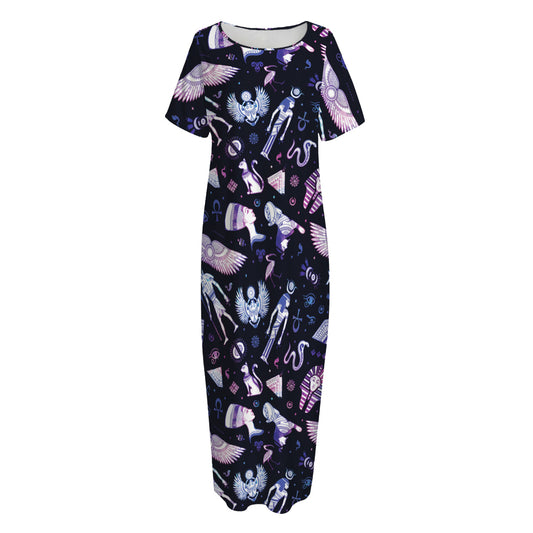 Egyptian Tribal Symbols Print Short Sleeve Long Nightdress