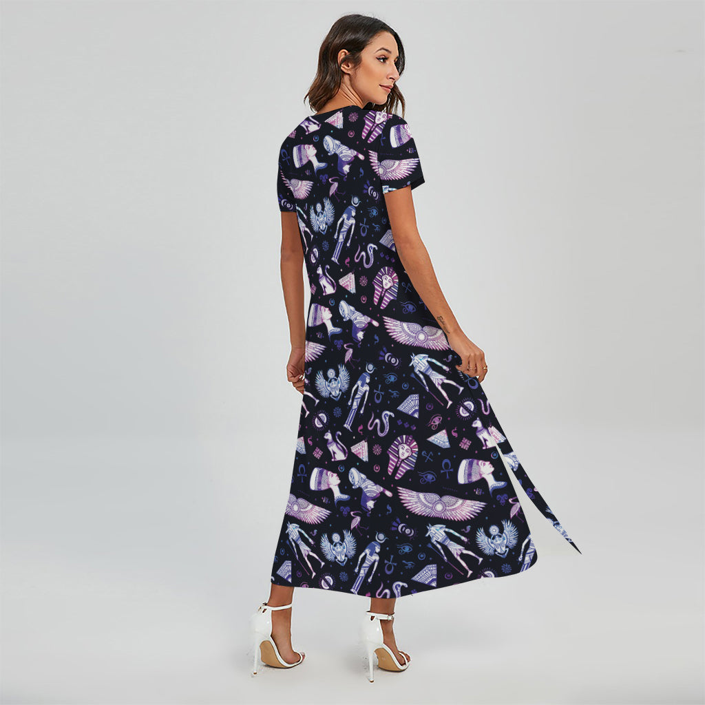 Egyptian Tribal Symbols Print Short Sleeve Maxi Dress