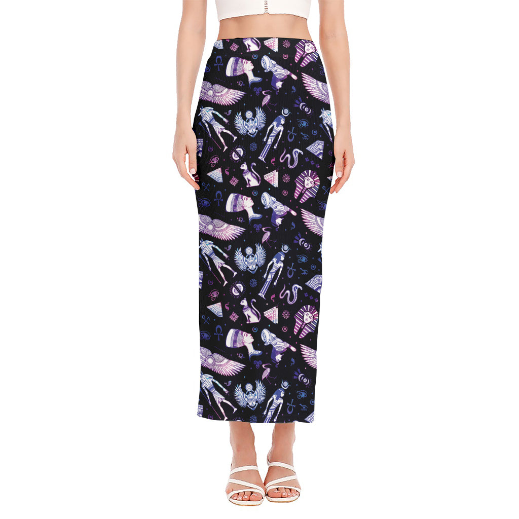 Egyptian Tribal Symbols Print Side Slit Maxi Skirt