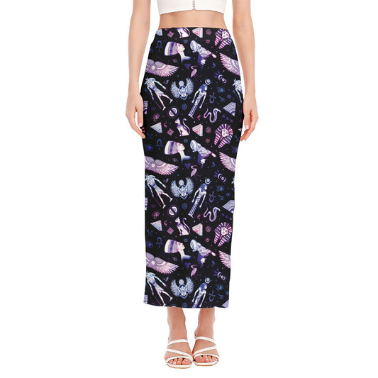 Egyptian Tribal Symbols Print Side Slit Maxi Skirt