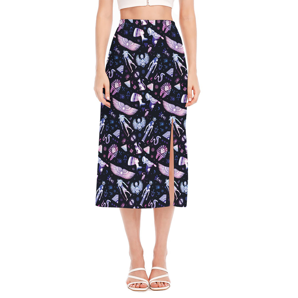 Egyptian Tribal Symbols Print Side Slit Midi Skirt
