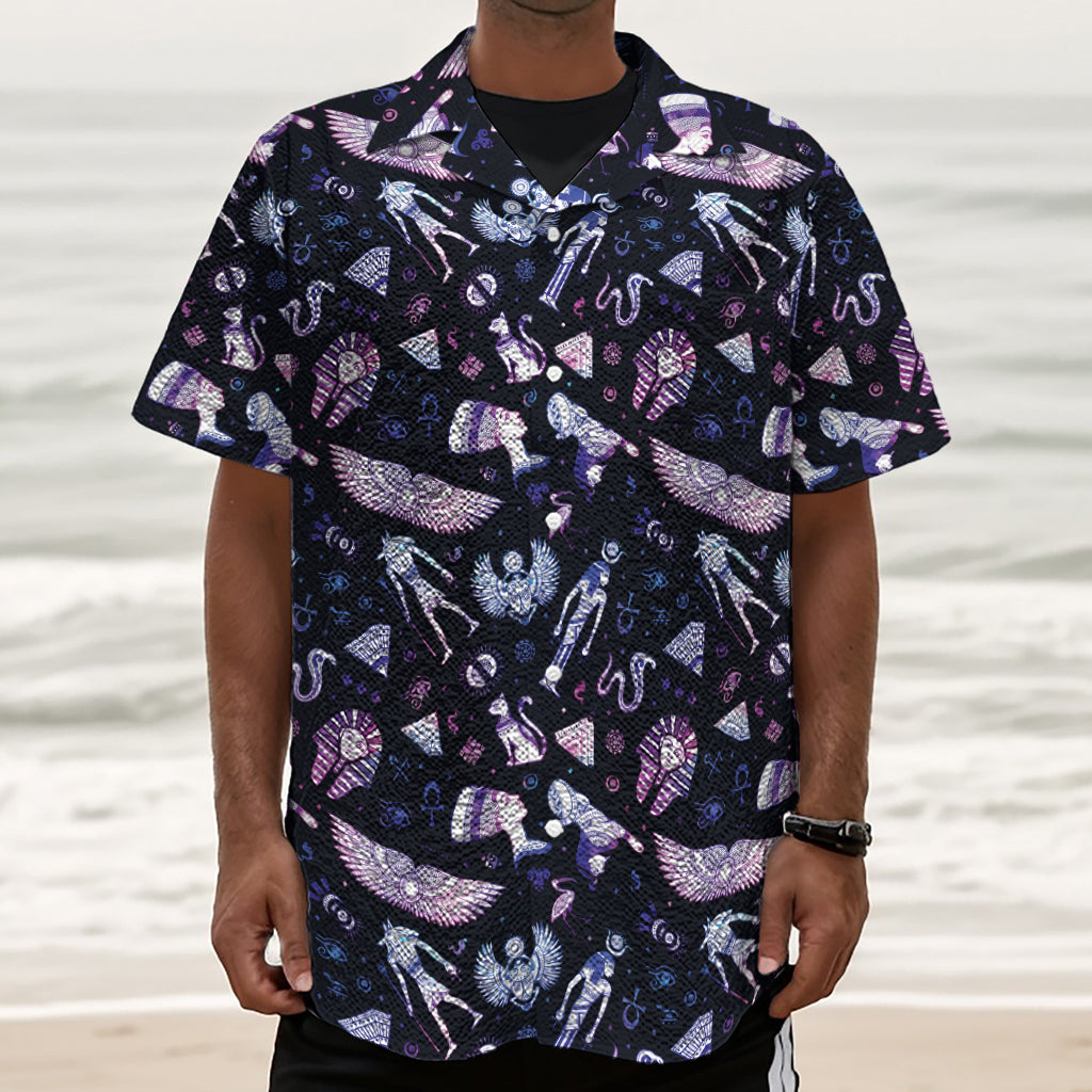Egyptian Tribal Symbols Print Textured Short Sleeve Shirt