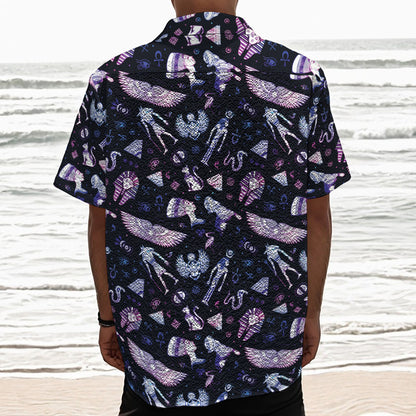 Egyptian Tribal Symbols Print Textured Short Sleeve Shirt