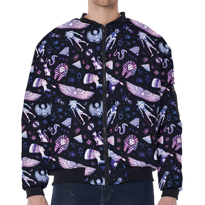Egyptian Tribal Symbols Print Zip Sleeve Bomber Jacket