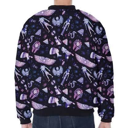Egyptian Tribal Symbols Print Zip Sleeve Bomber Jacket
