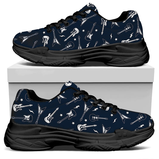 Electric Guitar Pattern Print Black Chunky Shoes