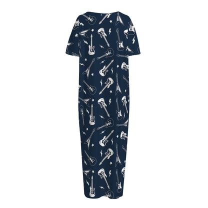 Electric Guitar Pattern Print Short Sleeve Long Nightdress