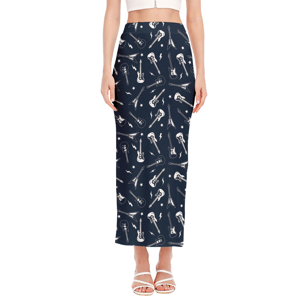 Electric Guitar Pattern Print Side Slit Maxi Skirt