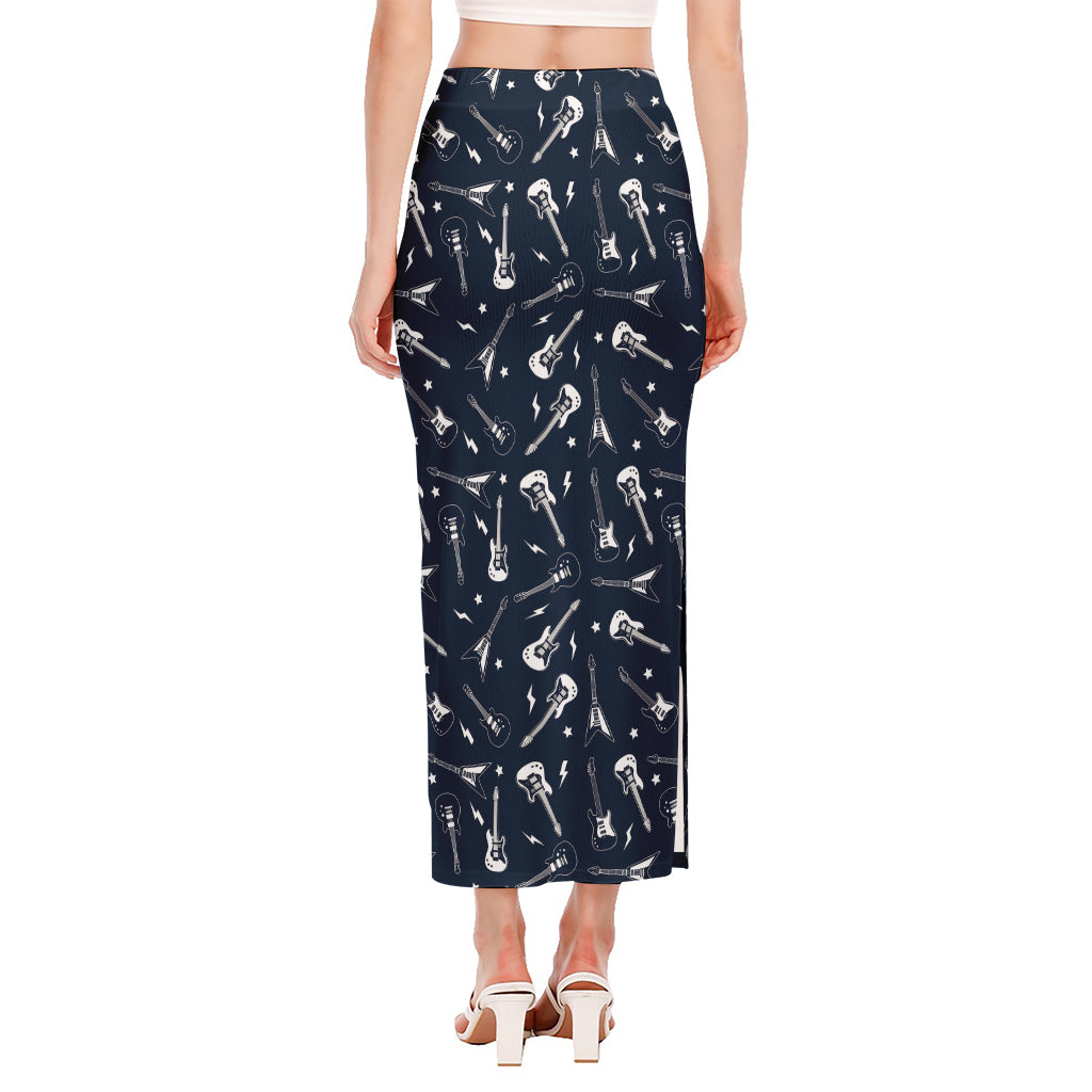 Electric Guitar Pattern Print Side Slit Maxi Skirt