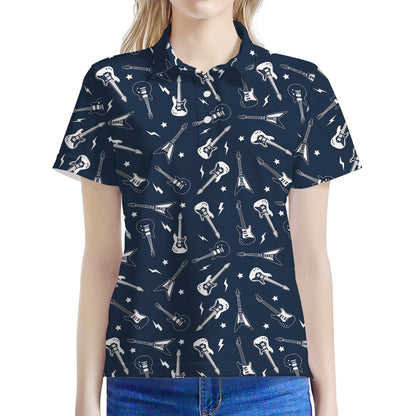 Electric Guitar Pattern Print Women's Polo Shirt