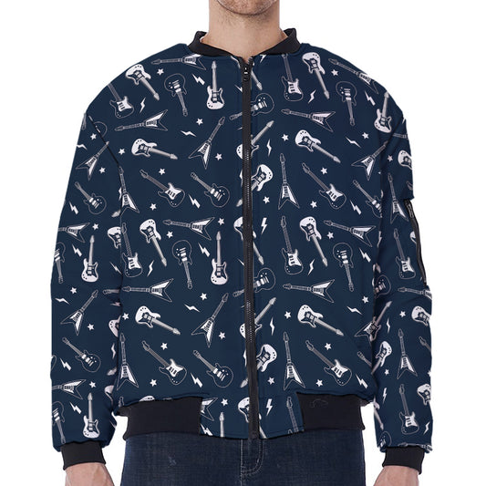 Electric Guitar Pattern Print Zip Sleeve Bomber Jacket