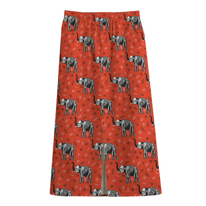 Elephant Skeleton X-Ray Pattern Print Cotton Front Slit Maxi Skirt