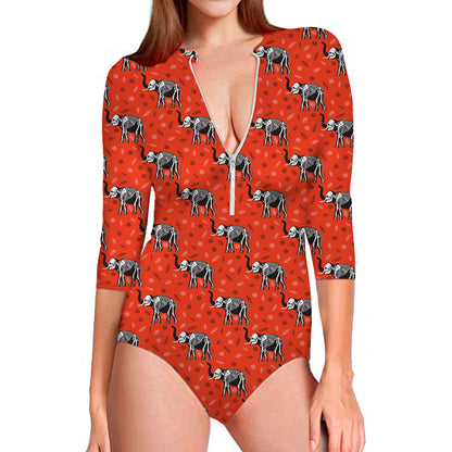 Elephant Skeleton X-Ray Pattern Print Long Sleeve Swimsuit