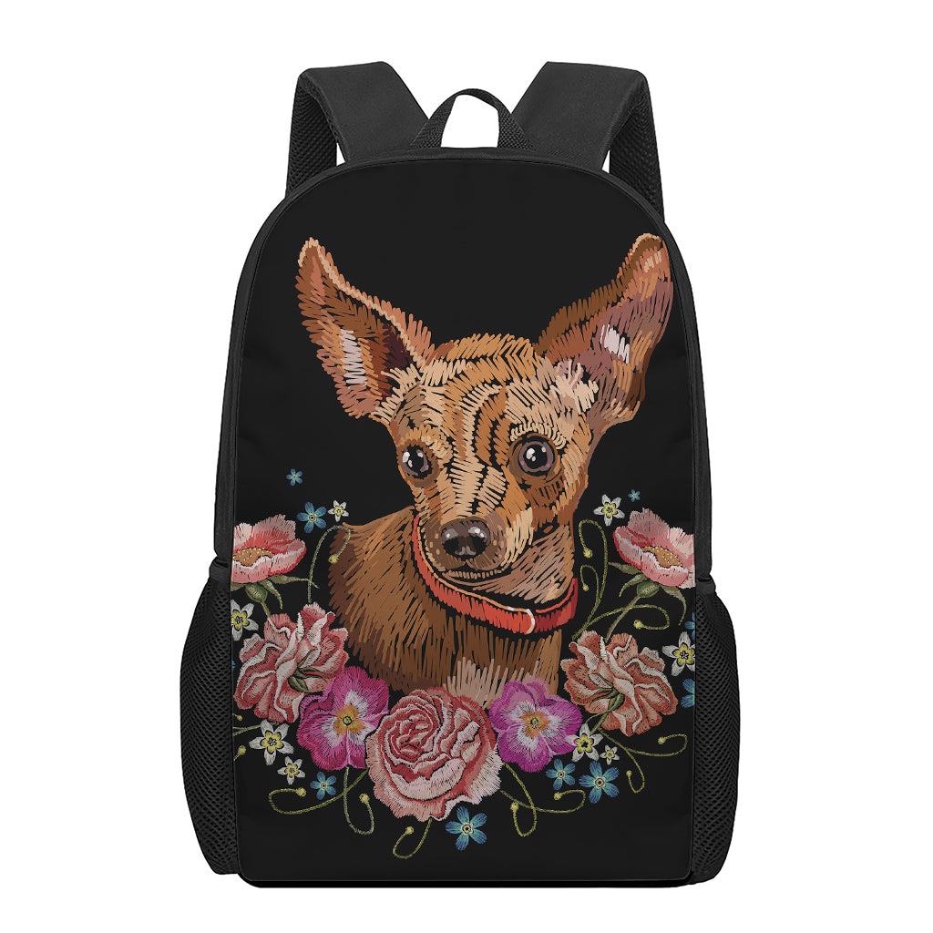 Embroidery Chihuahua And Flower Print 17 Inch Backpack