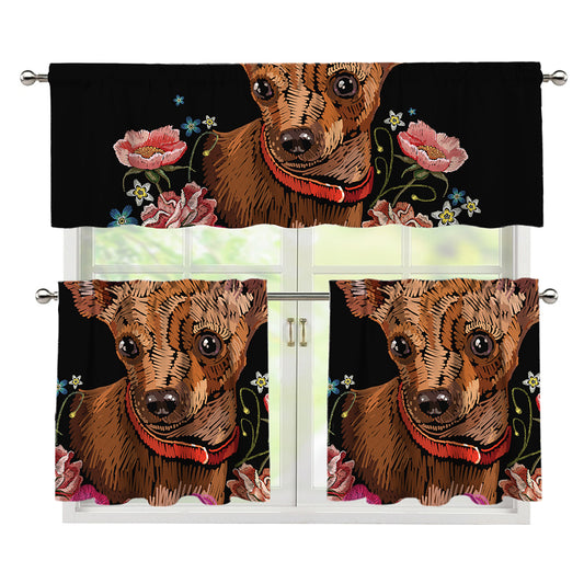 Embroidery Chihuahua And Flower Print 3 Piece Kitchen Curtains
