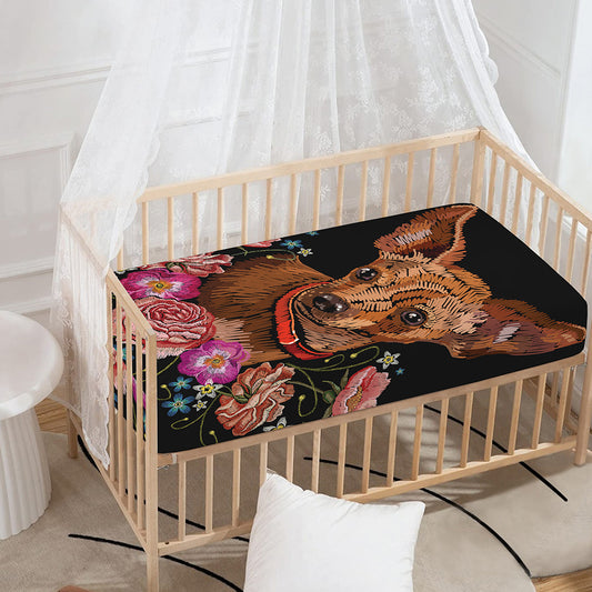 Embroidery Chihuahua And Flower Print Baby Crib Sheet