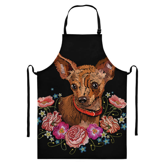 Embroidery Chihuahua And Flower Print Bib Apron With Pocket
