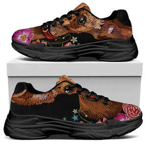 Embroidery Chihuahua And Flower Print Black Chunky Shoes