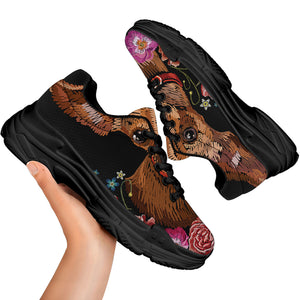 Embroidery Chihuahua And Flower Print Black Chunky Shoes