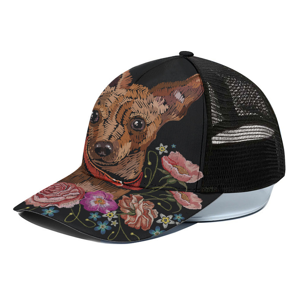 Embroidery Chihuahua And Flower Print Black Mesh Trucker Cap