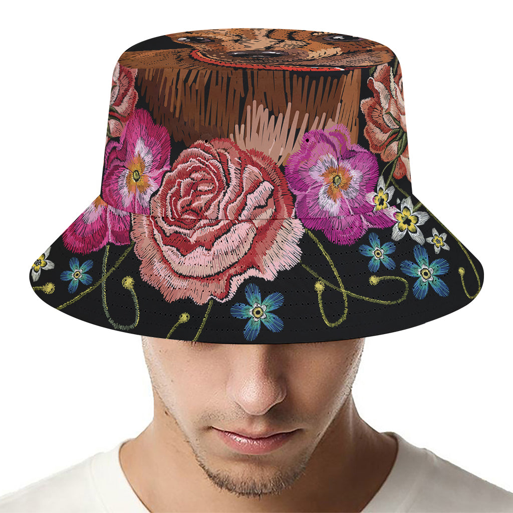 Embroidery Chihuahua And Flower Print Bucket Hat