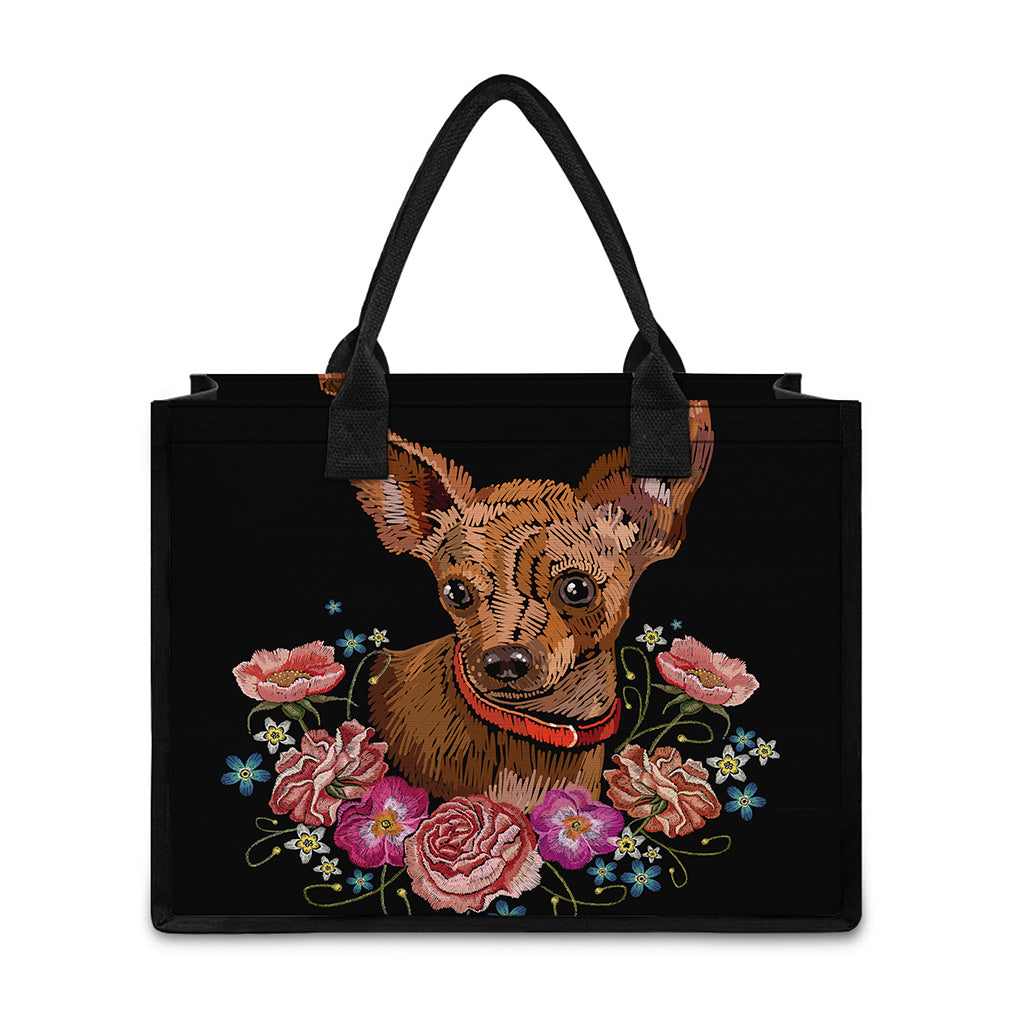 Embroidery Chihuahua And Flower Print Canvas Tote Bag