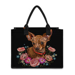 Embroidery Chihuahua And Flower Print Canvas Tote Bag