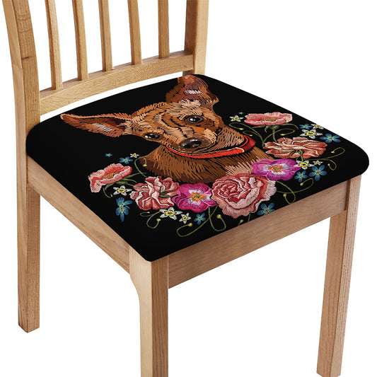 Embroidery Chihuahua And Flower Print Chair Cushion Cover