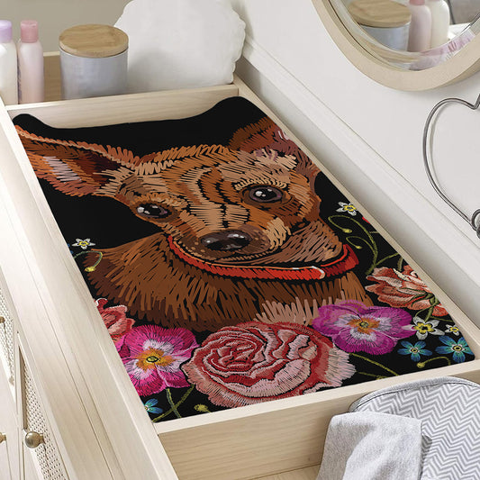 Embroidery Chihuahua And Flower Print Changing Pad Cover