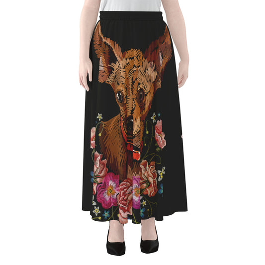Embroidery Chihuahua And Flower Print Chiffon Maxi Skirt