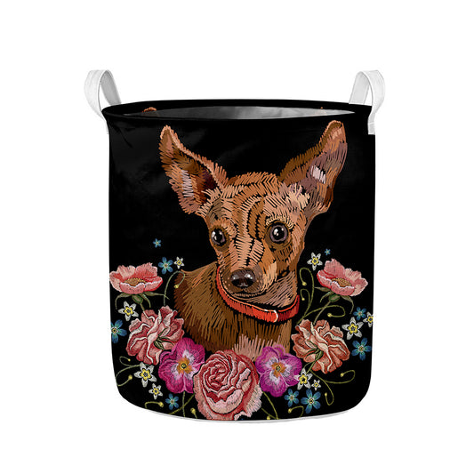 Embroidery Chihuahua And Flower Print Collapsible Laundry Basket