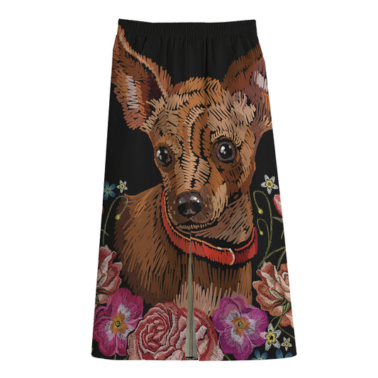 Embroidery Chihuahua And Flower Print Cotton Front Slit Maxi Skirt