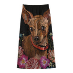 Embroidery Chihuahua And Flower Print Cotton Front Slit Maxi Skirt