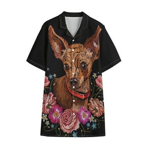 Embroidery Chihuahua And Flower Print Cotton Hawaiian Shirt