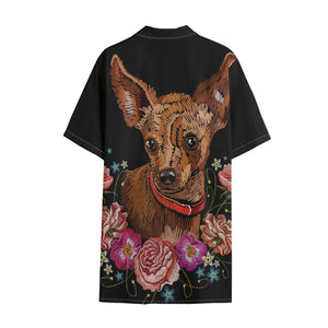 Embroidery Chihuahua And Flower Print Cotton Hawaiian Shirt