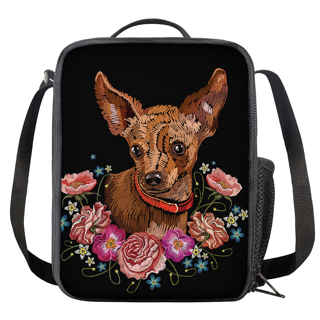 Embroidery Chihuahua And Flower Print Crossbody Lunch Bag