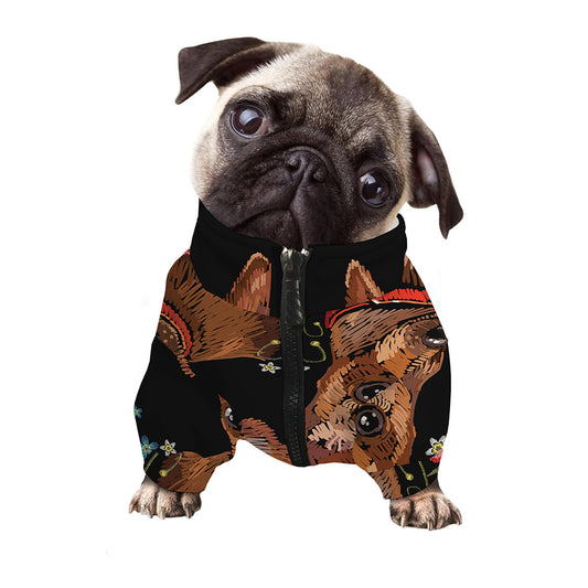 Embroidery Chihuahua And Flower Print Dog Zip Up Jacket