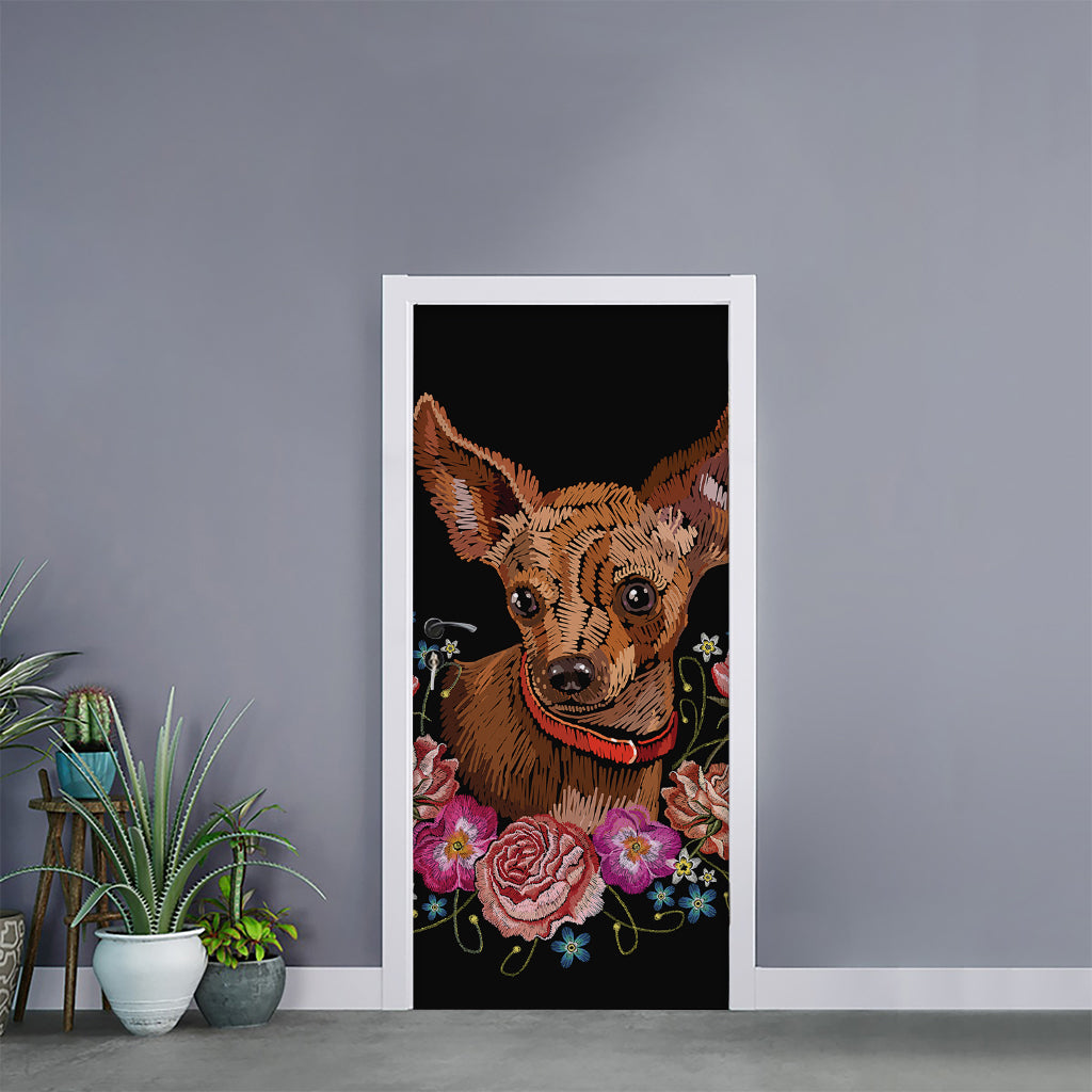 Embroidery Chihuahua And Flower Print Door Sticker