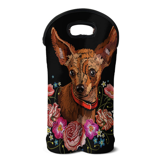 Embroidery Chihuahua And Flower Print Double Neoprene Wine Tote