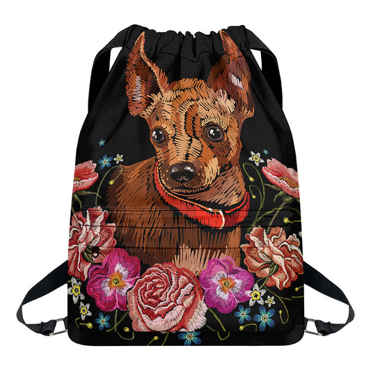Embroidery Chihuahua And Flower Print Drawstring Backpack