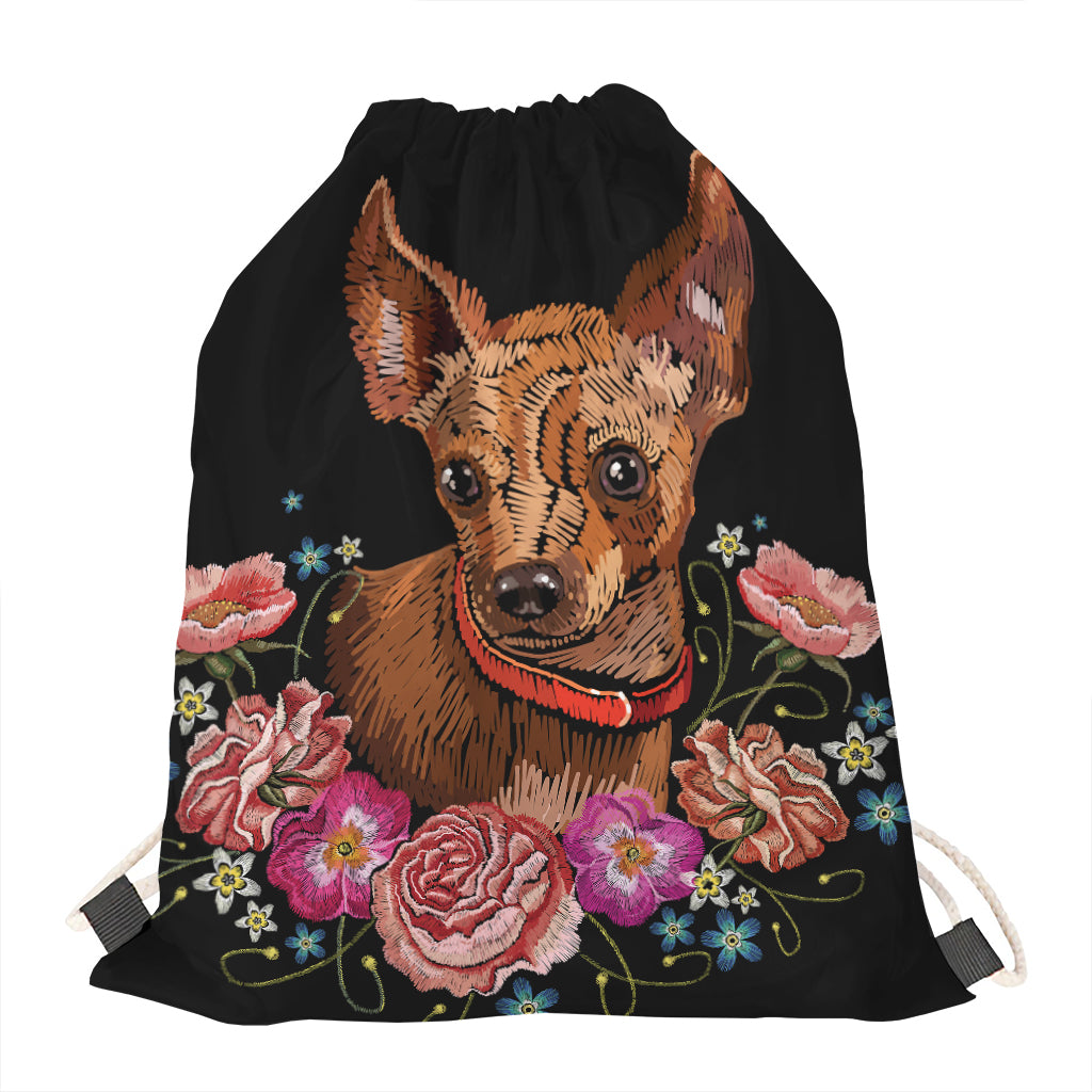 Embroidery Chihuahua And Flower Print Drawstring Bag