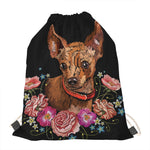 Embroidery Chihuahua And Flower Print Drawstring Bag