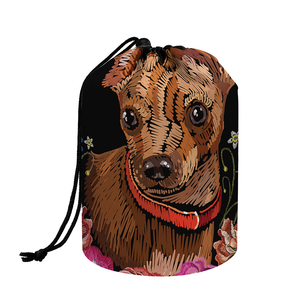 Embroidery Chihuahua And Flower Print Drawstring Makeup Bag