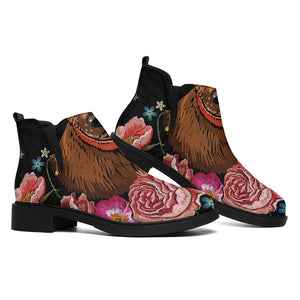 Embroidery Chihuahua And Flower Print Flat Ankle Boots