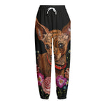 Embroidery Chihuahua And Flower Print Fleece Lined Knit Pants
