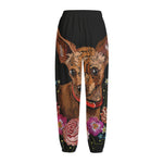 Embroidery Chihuahua And Flower Print Fleece Lined Knit Pants