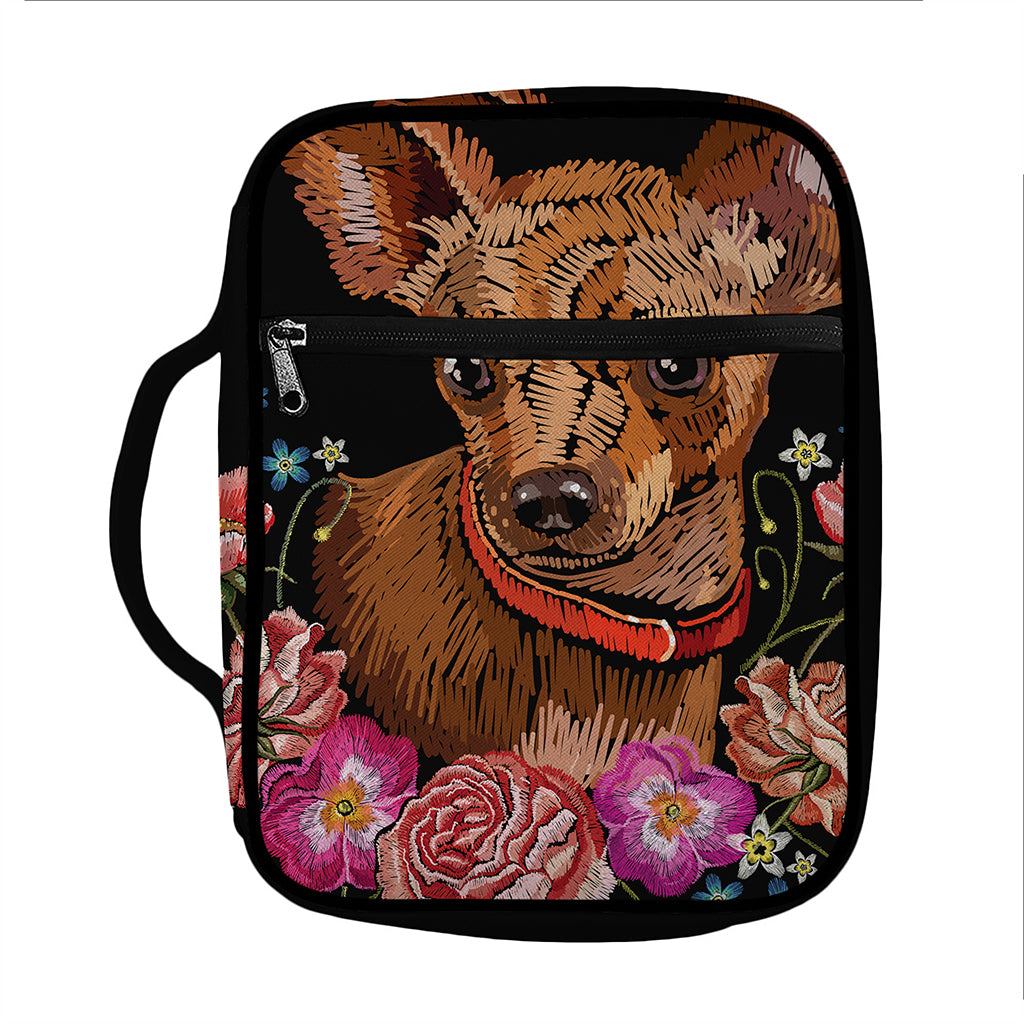 Embroidery Chihuahua And Flower Print Front Pocket Bible Bag