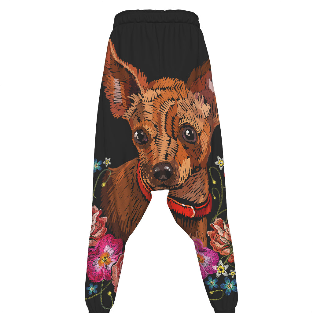 Embroidery Chihuahua And Flower Print Hammer Pants